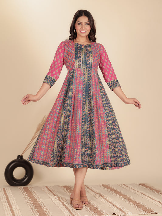 Soft Cotton Floral Anarkali Pink Dress