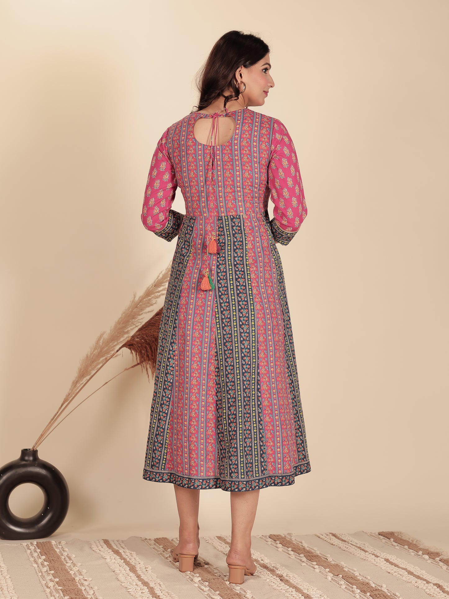 Soft Cotton Floral Anarkali Pink Dress