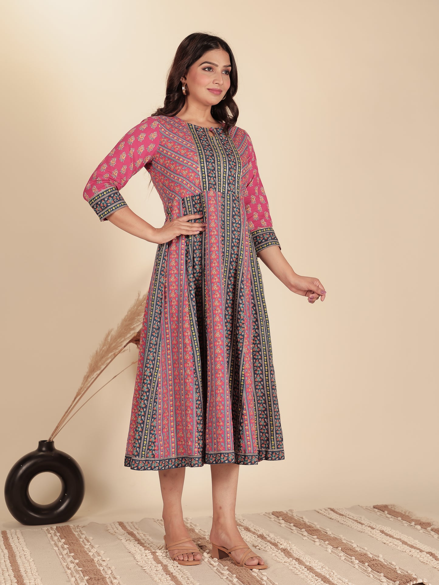 Soft Cotton Floral Anarkali Pink Dress