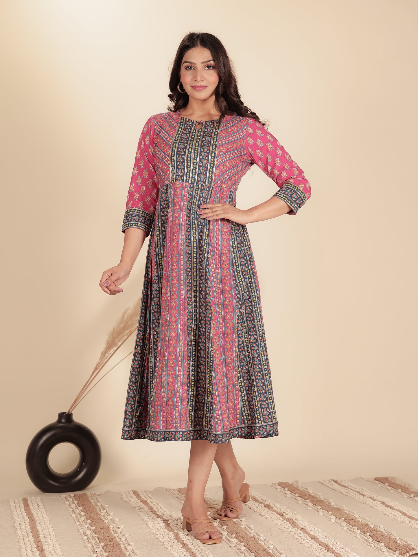 Soft Cotton Floral Anarkali Pink Dress