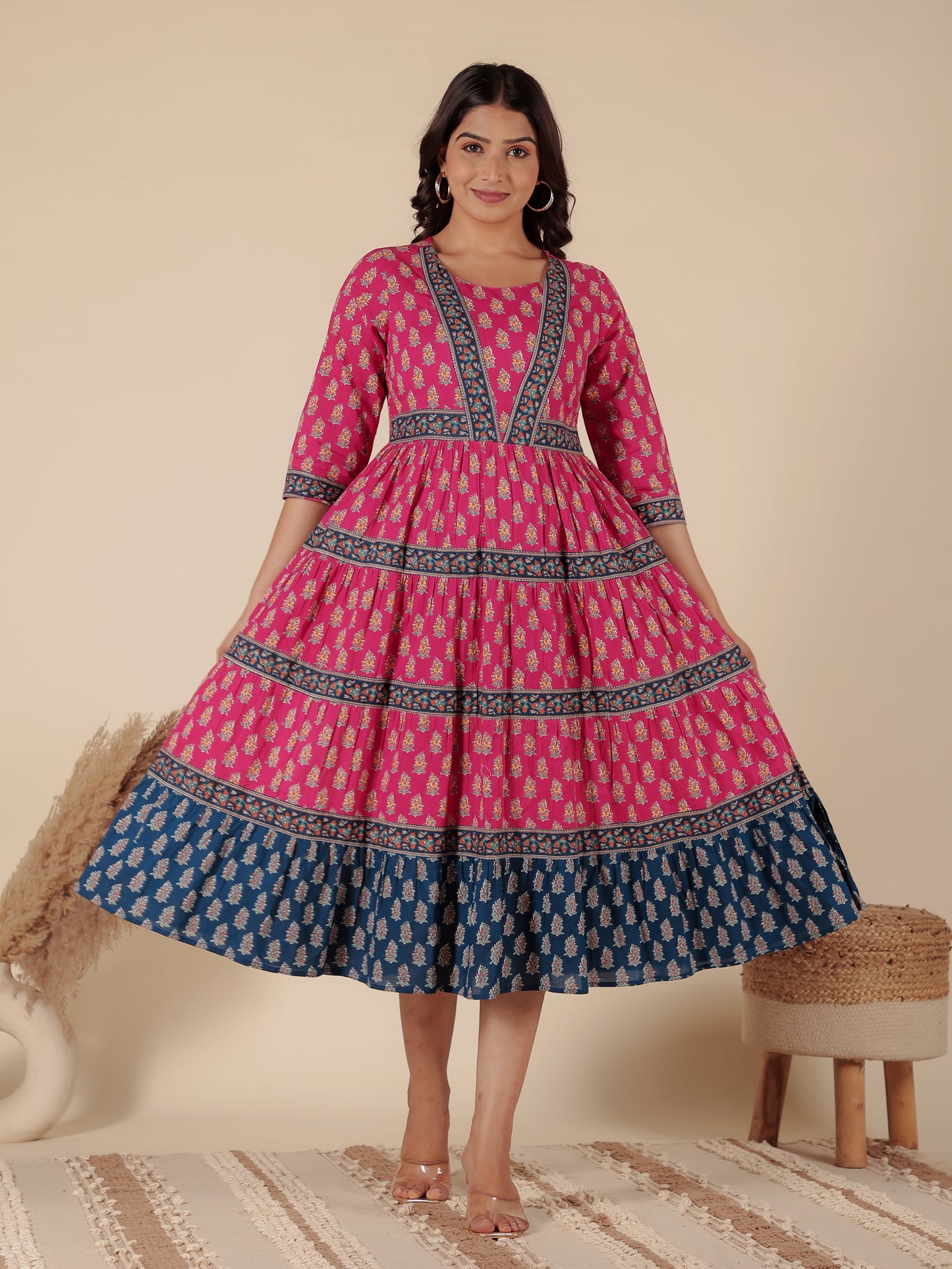 Soft Cotton Block Print Anarkali Pink Dress