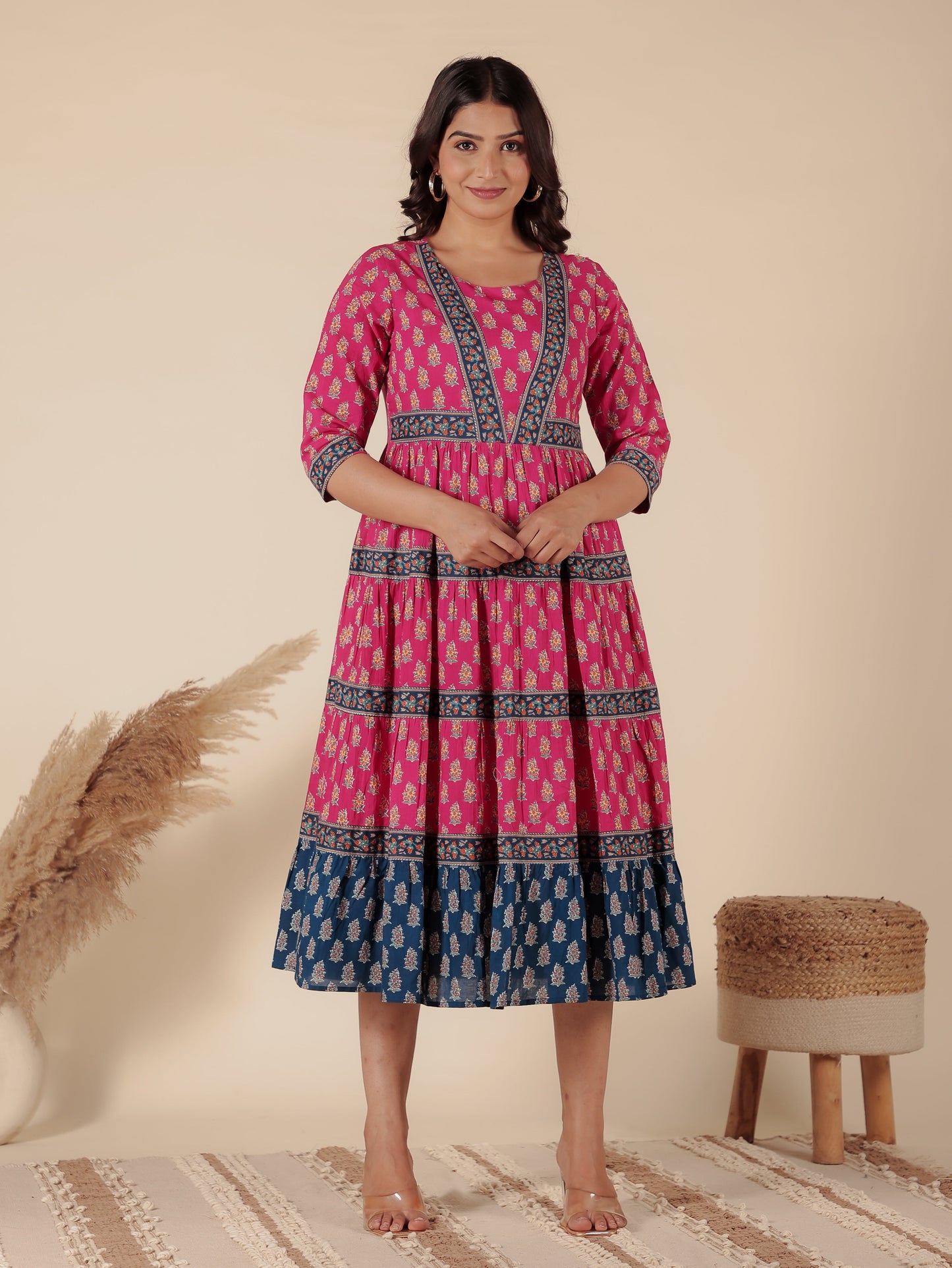 Soft Cotton Block Print Anarkali Pink Dress