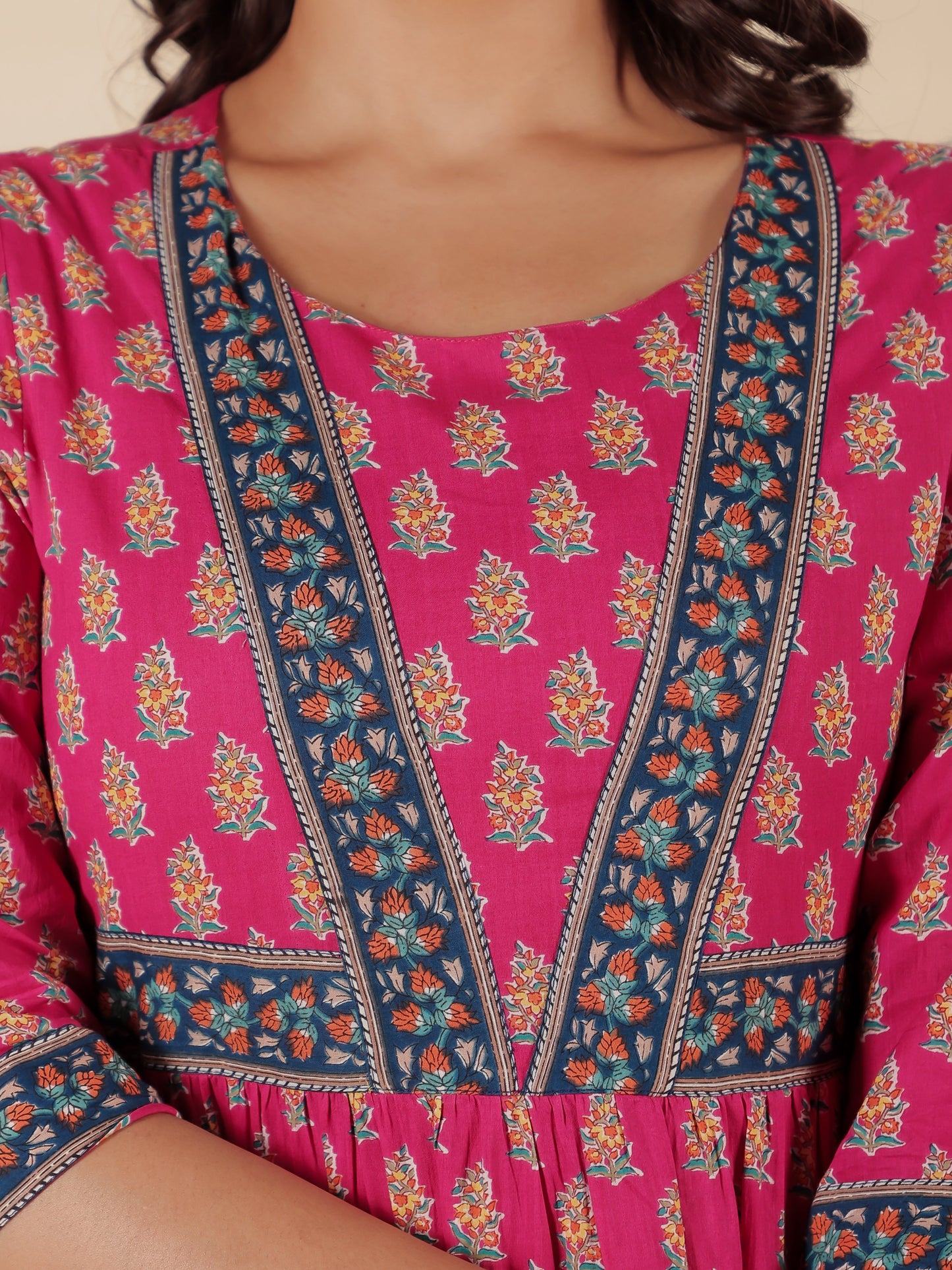 Soft Cotton Block Print Anarkali Pink Dress