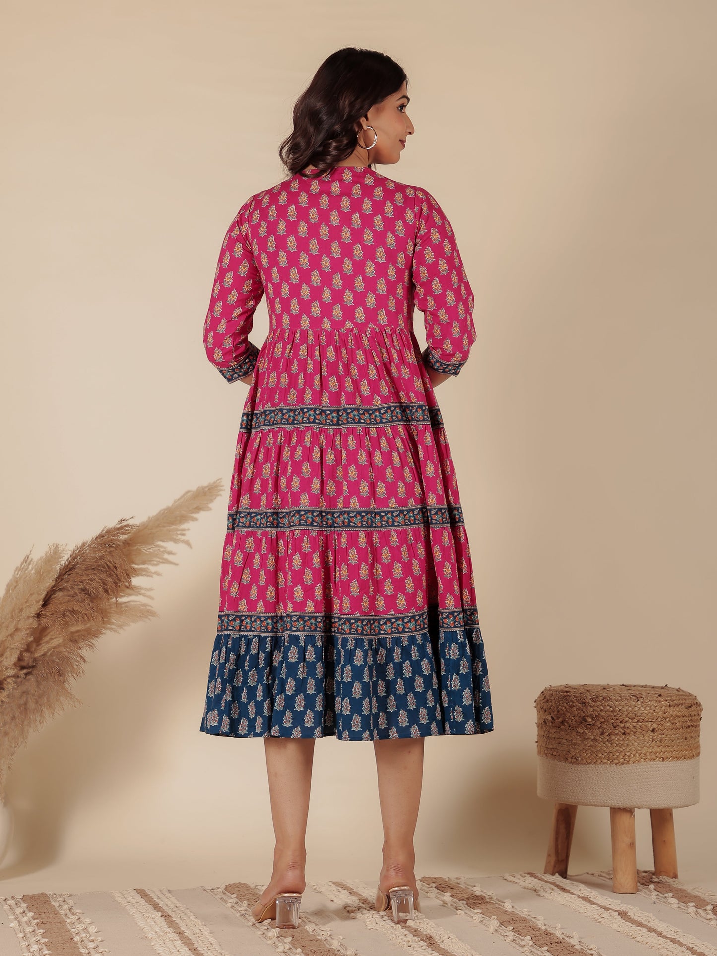 Soft Cotton Block Print Anarkali Pink Dress