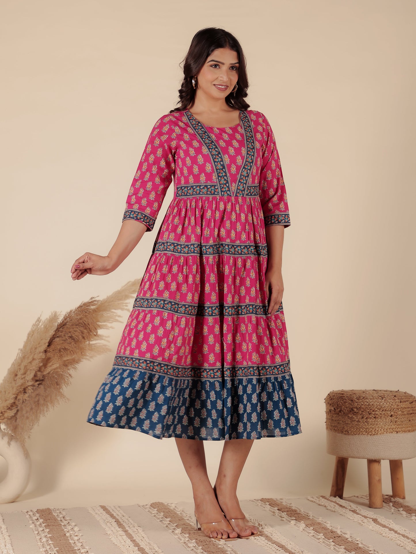 Soft Cotton Block Print Anarkali Pink Dress