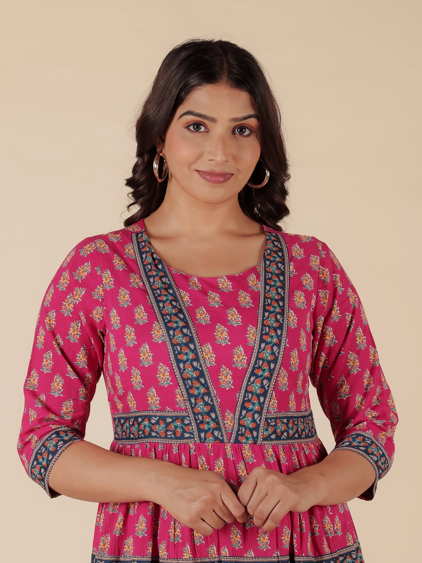 Soft Cotton Block Print Anarkali Pink Dress