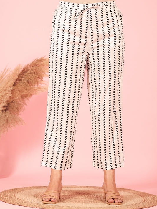 Soft Cotton Chevron White Straight Trousers