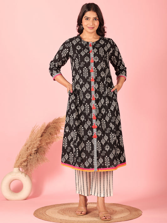 Soft Cotton Applique A-line Black Kurta