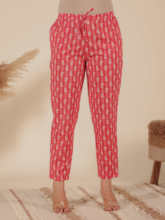 Soft Cotton Butti Pink Tapered Trousers