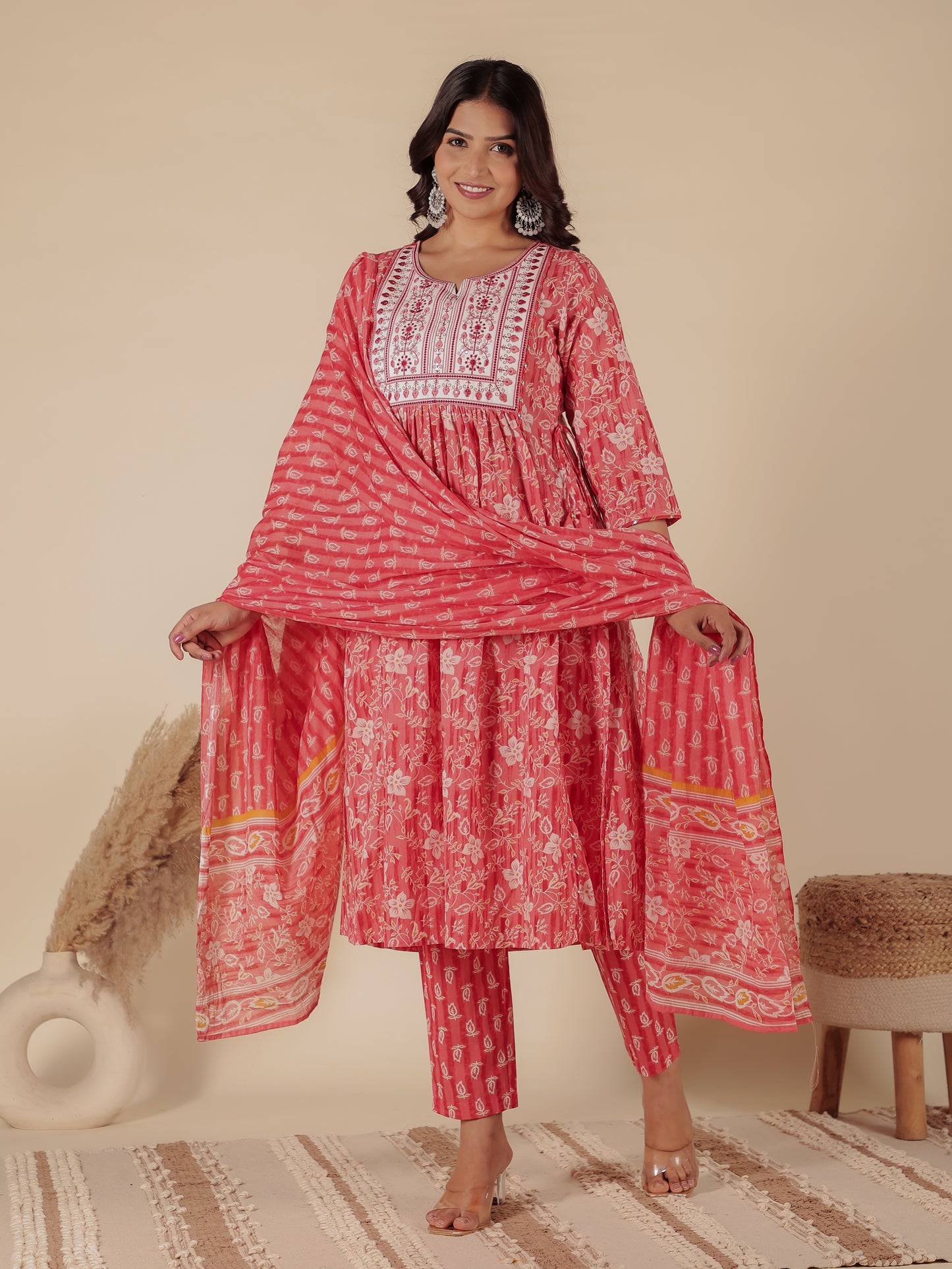 Soft Cotton Floral A-line Pink Kurta