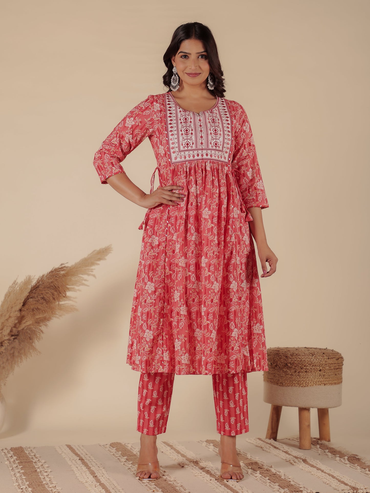 Soft Cotton Floral A-line Pink Kurta