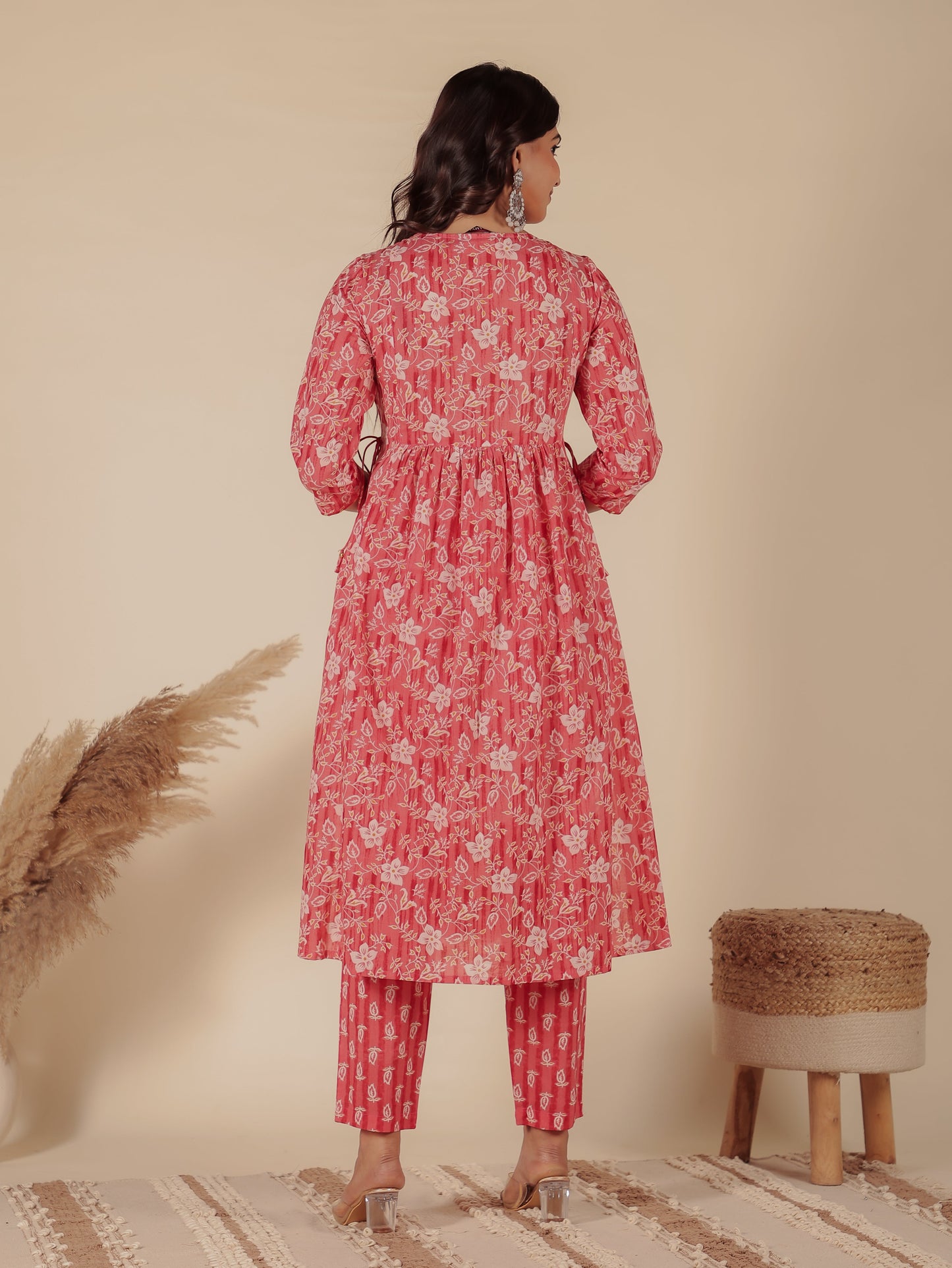 Soft Cotton Floral A-line Pink Kurta