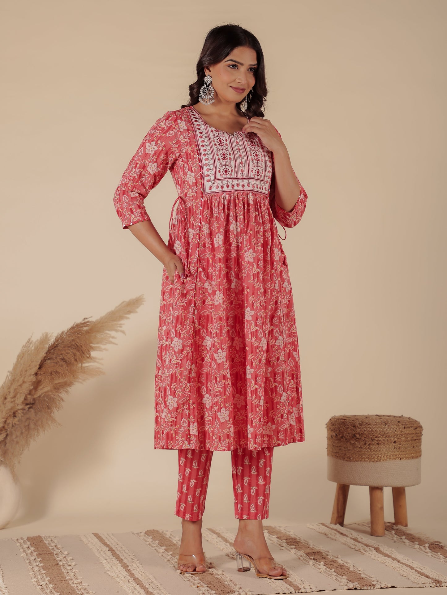 Soft Cotton Floral A-line Pink Kurta