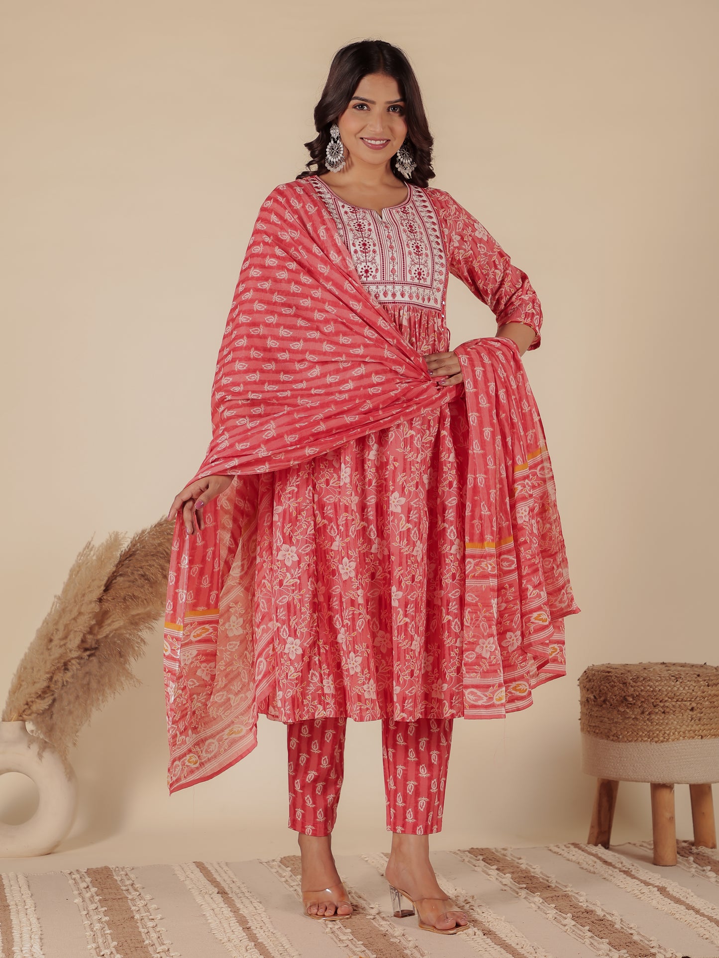 Soft Cotton Floral A-line Pink Kurta