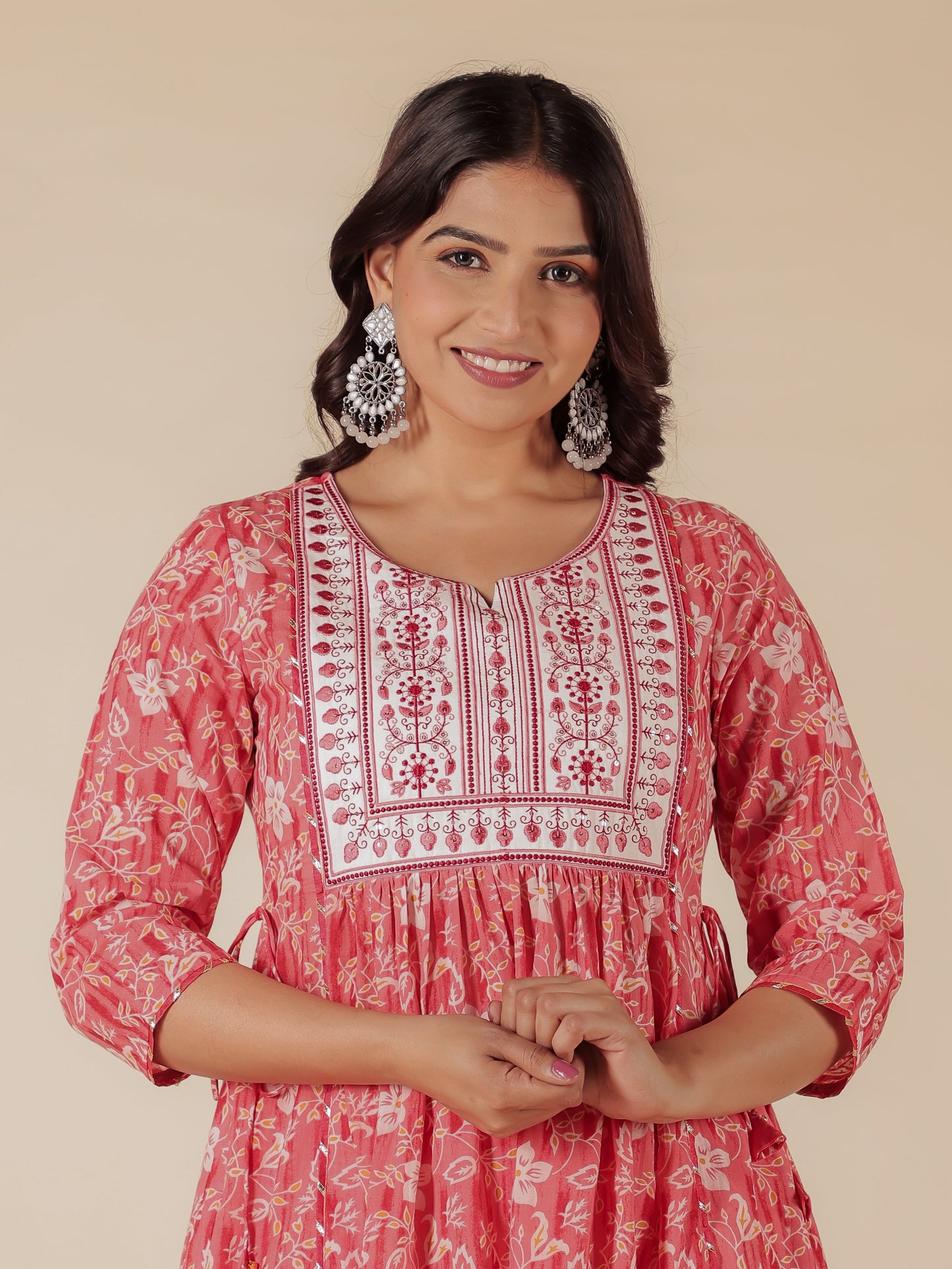 Soft Cotton Floral A-line Pink Kurta
