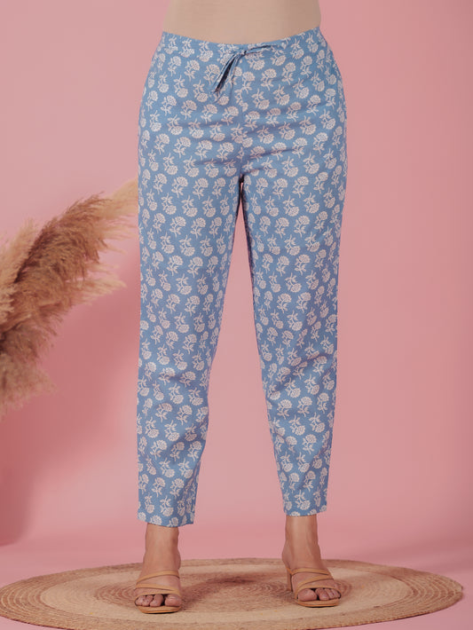 Soft Cotton Butti Blue Tapered Trousers