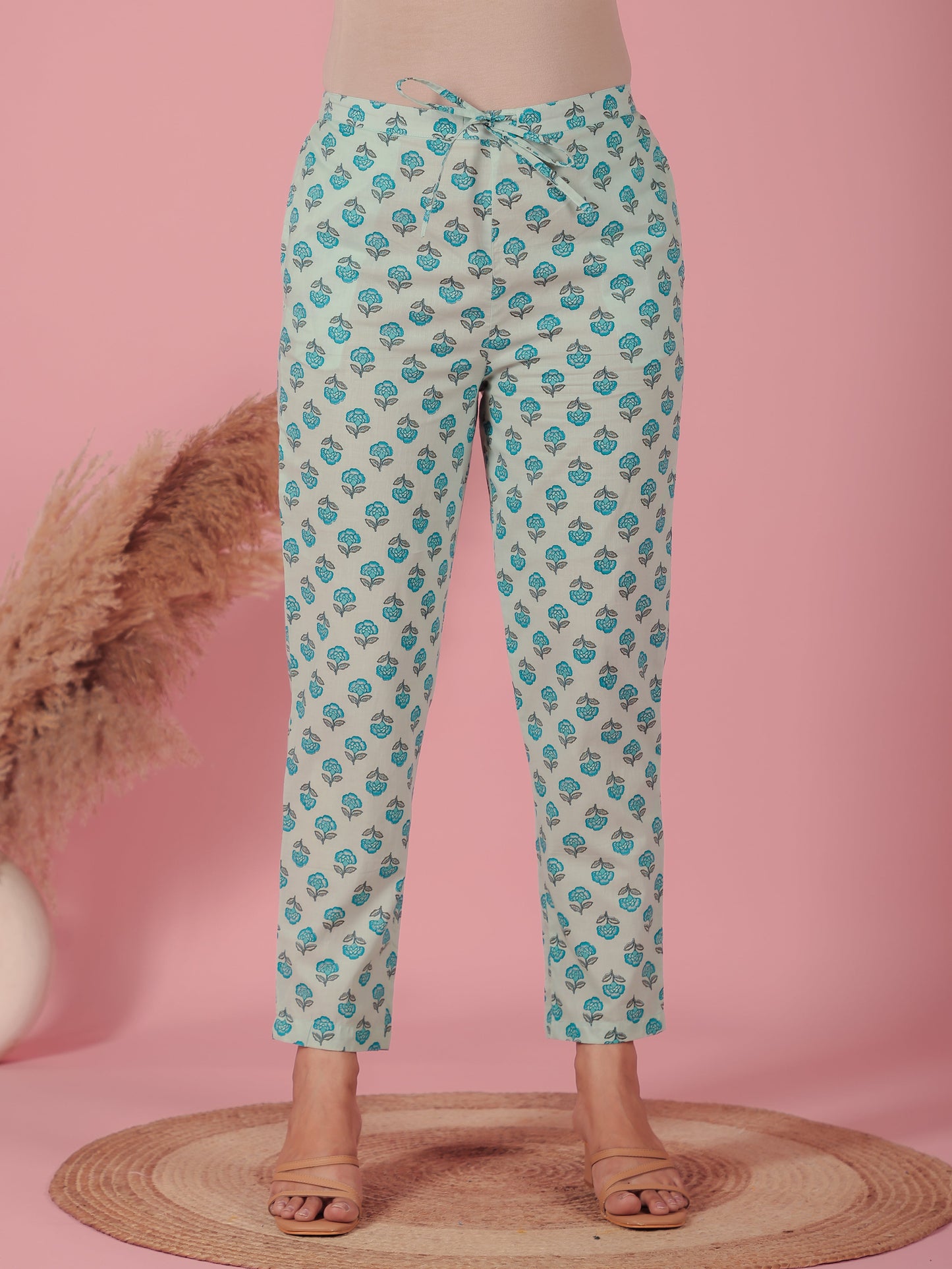 Soft Cotton Block Blue Tapered Trousers