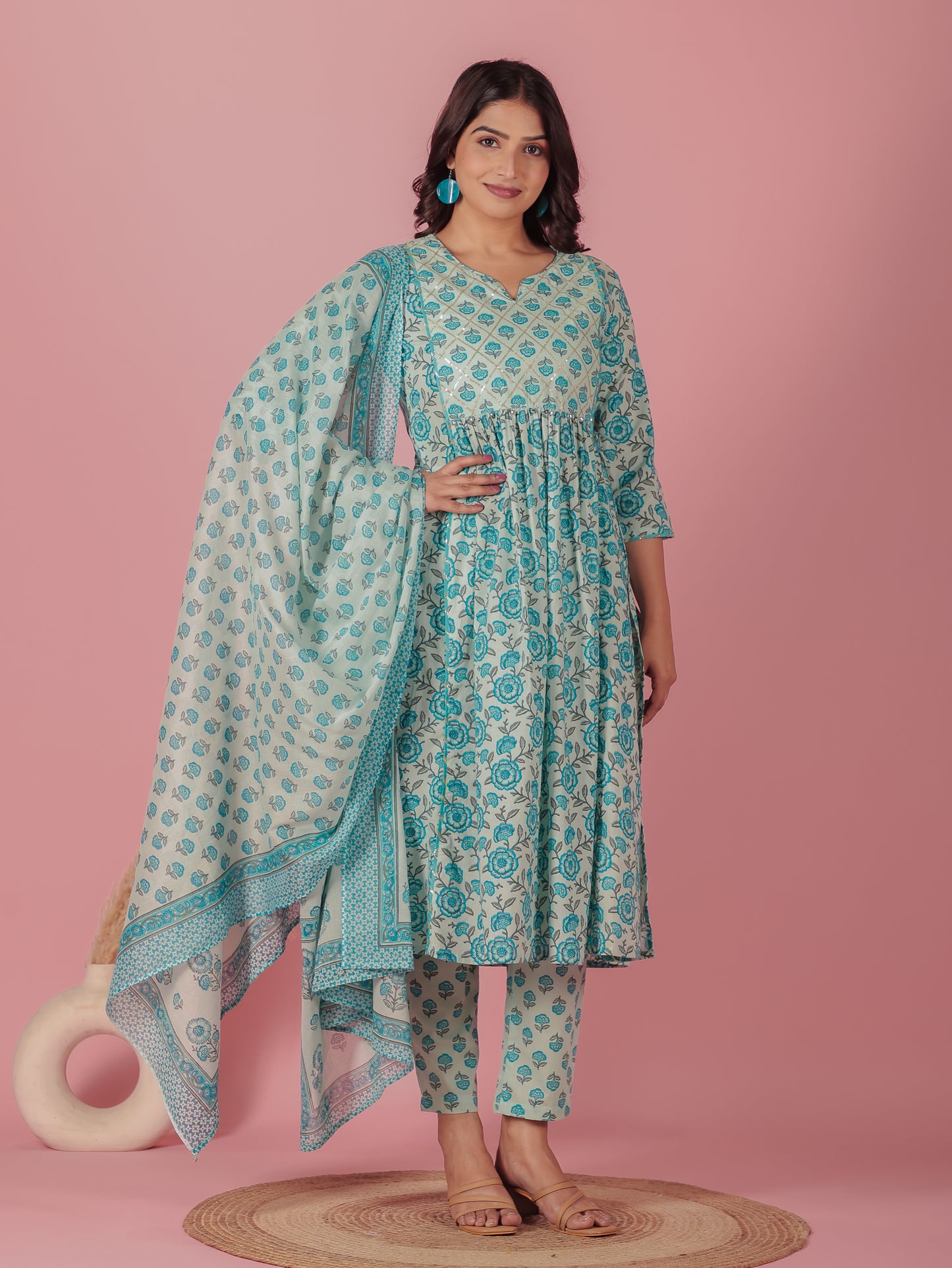 Soft Cotton Floral A-line Blue Kurta