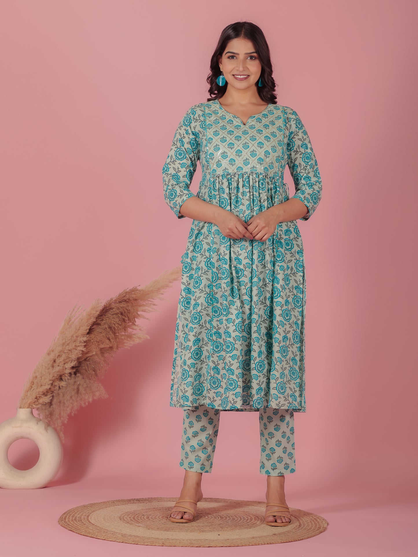Soft Cotton Floral A-line Blue Kurta
