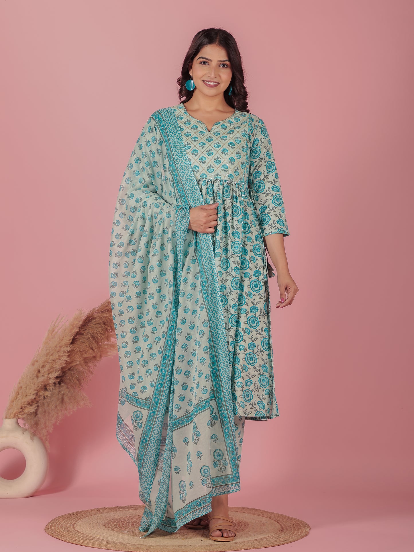 Soft Cotton Floral A-line Blue Kurta