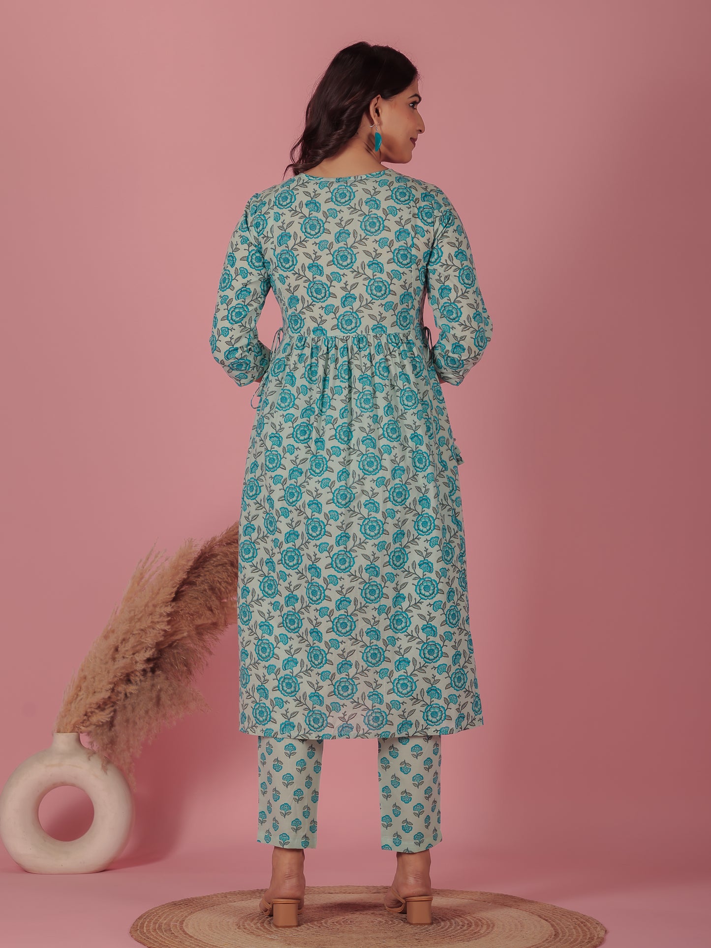 Soft Cotton Floral A-line Blue Kurta