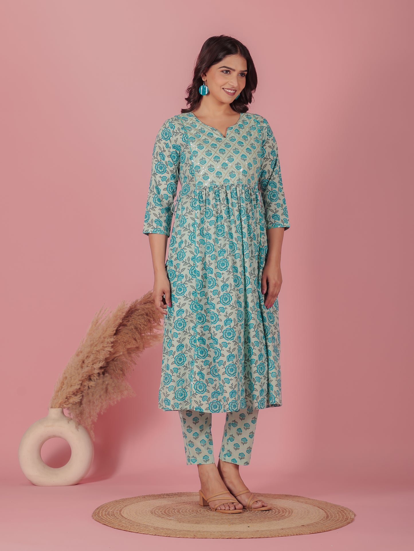 Soft Cotton Floral A-line Blue Kurta