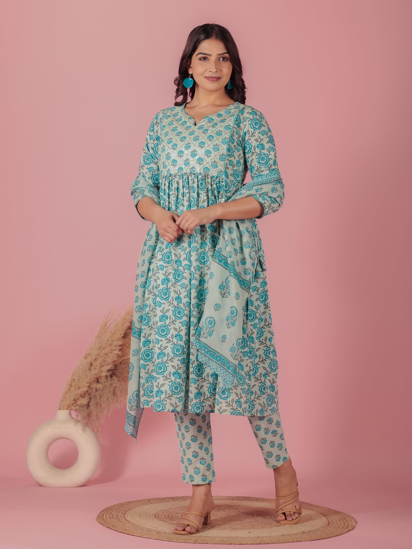 Soft Cotton Floral A-line Blue Kurta