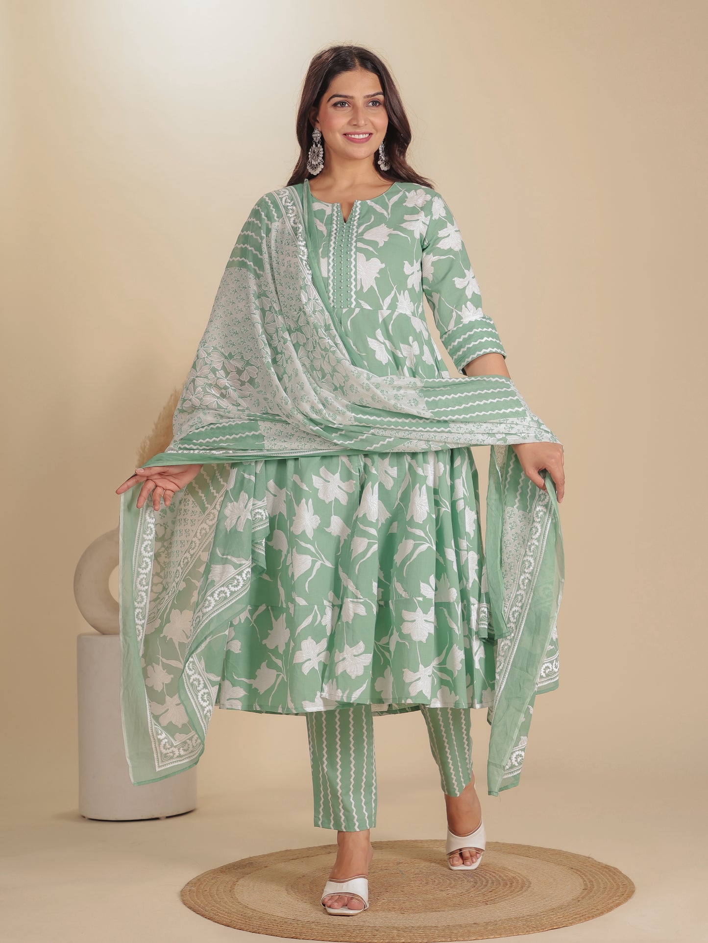 Soft Cotton Floral Anarkali Green Kurta