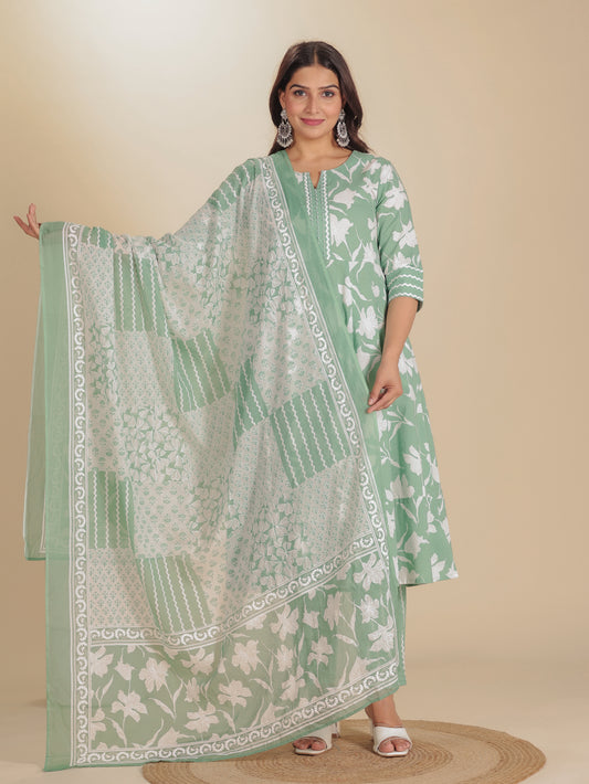 Soft Cotton Floral Anarkali Green Kurta