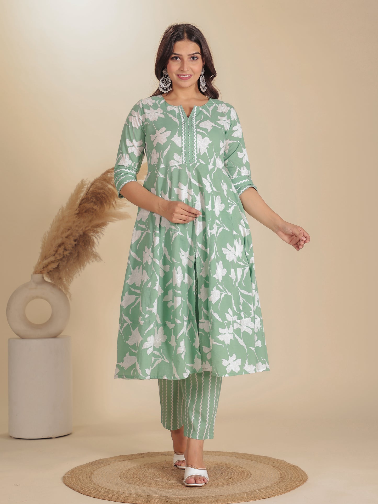 Soft Cotton Floral Anarkali Green Kurta