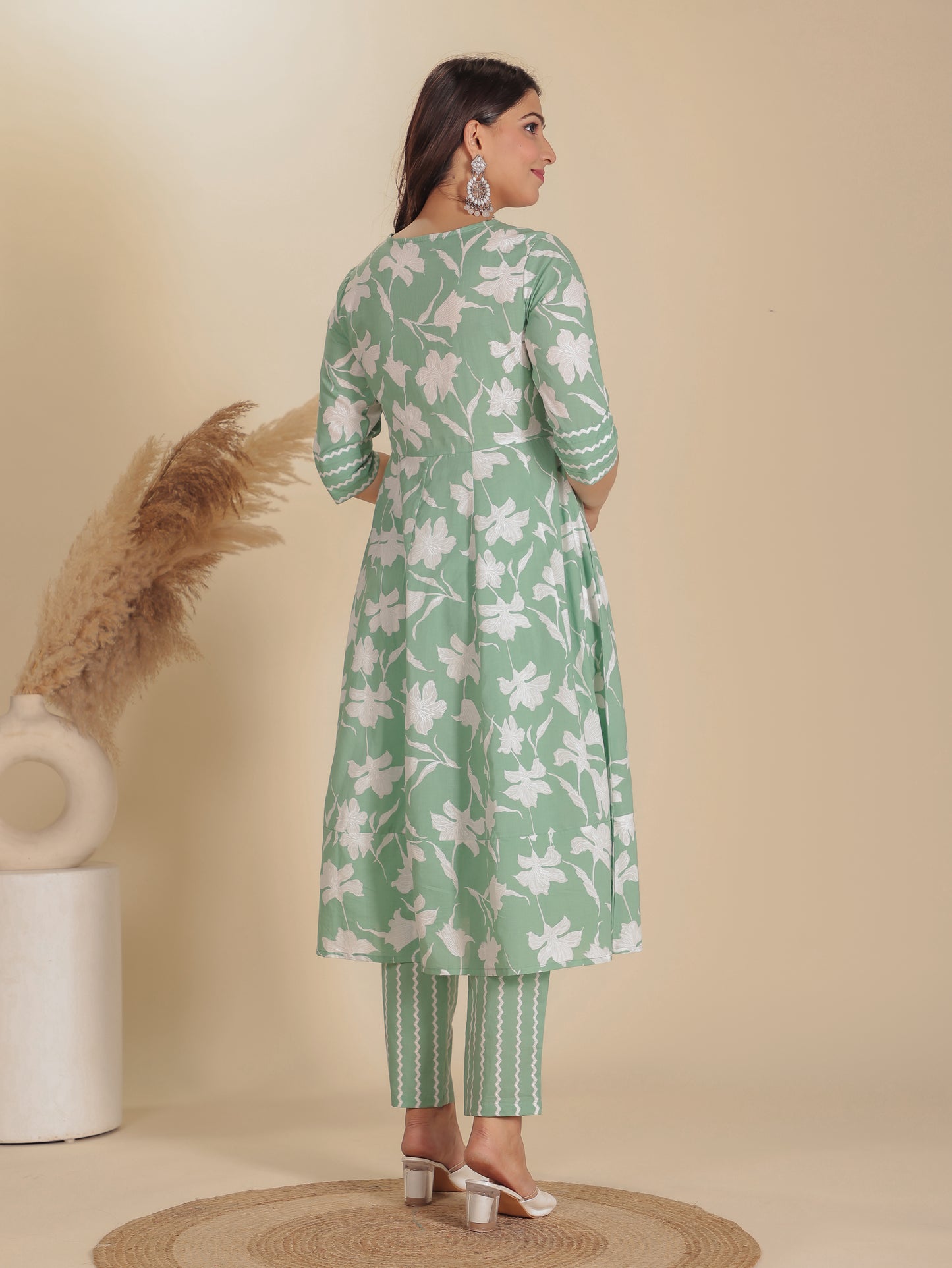 Soft Cotton Floral Anarkali Green Kurta