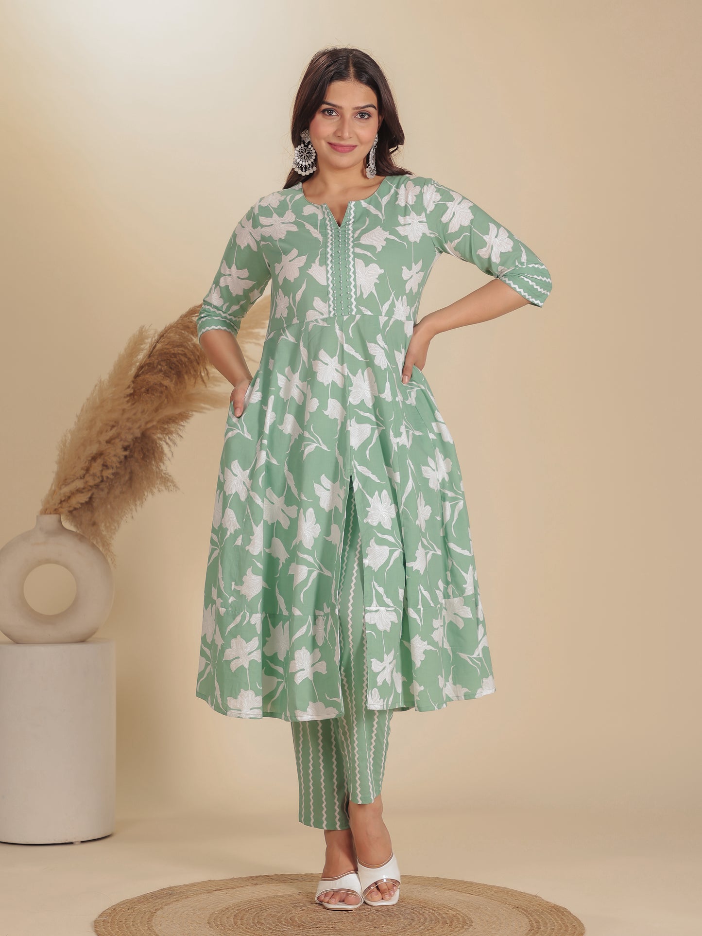Soft Cotton Floral Anarkali Green Kurta