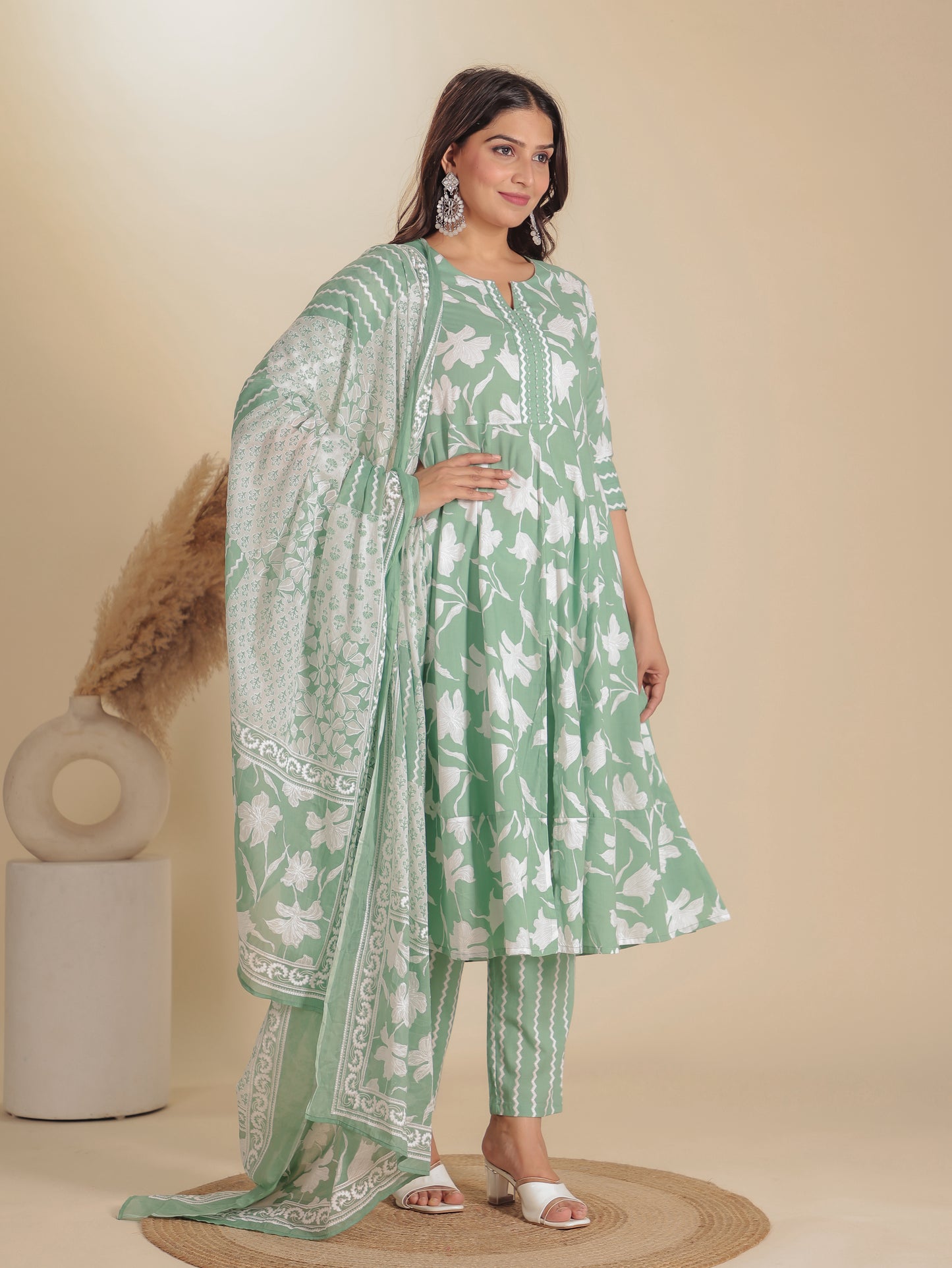 Soft Cotton Floral Anarkali Green Kurta