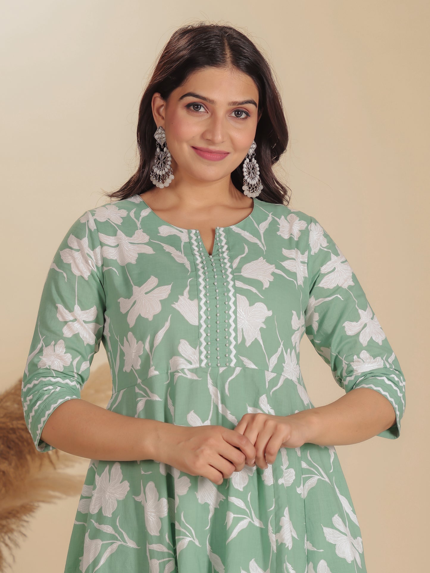 Soft Cotton Floral Anarkali Green Kurta