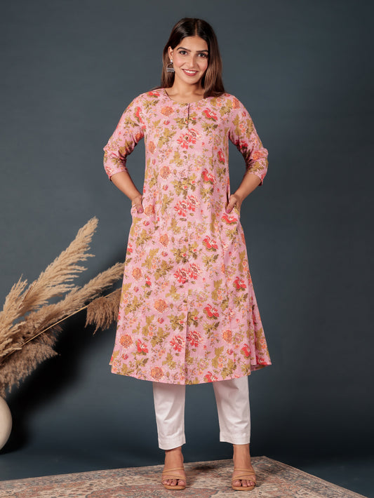 Soft Cotton Floral A-line Pink Kurta