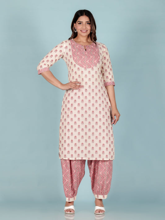 Soft Cotton Floral Straight Cream Kurta