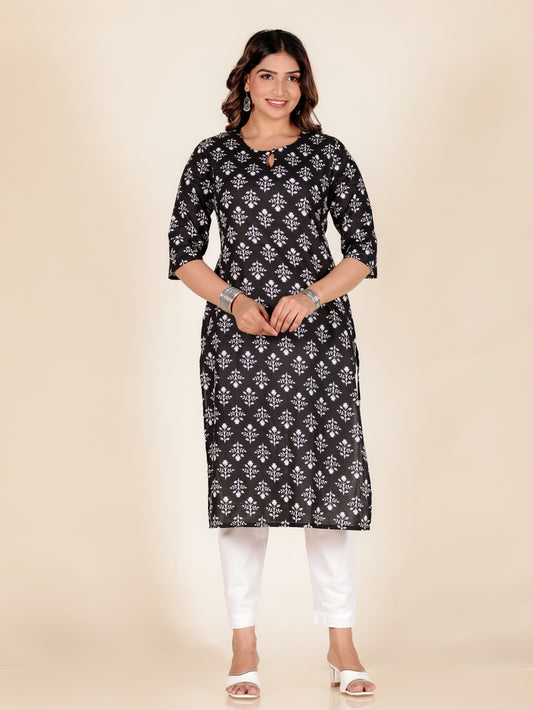 Soft Cotton Floral Straight Black Kurta