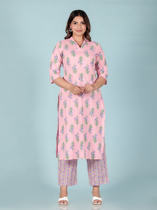 Soft Cotton Foliage Straight Pink Kurta