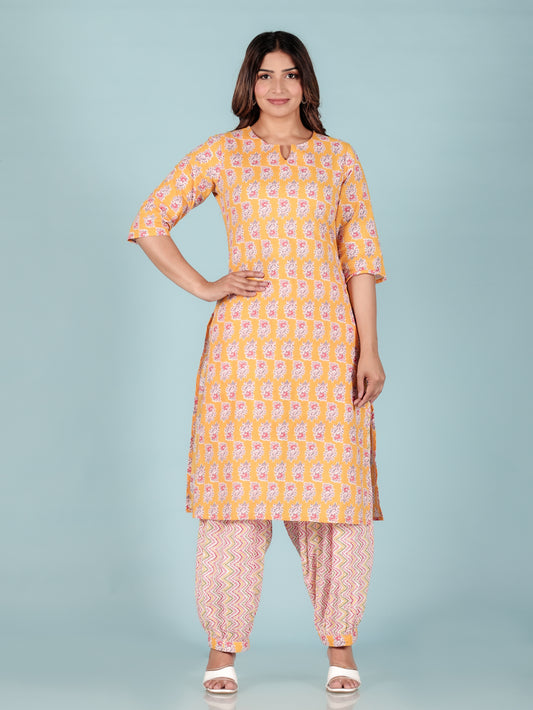Soft Cotton Floral Straight Yellow Kurta