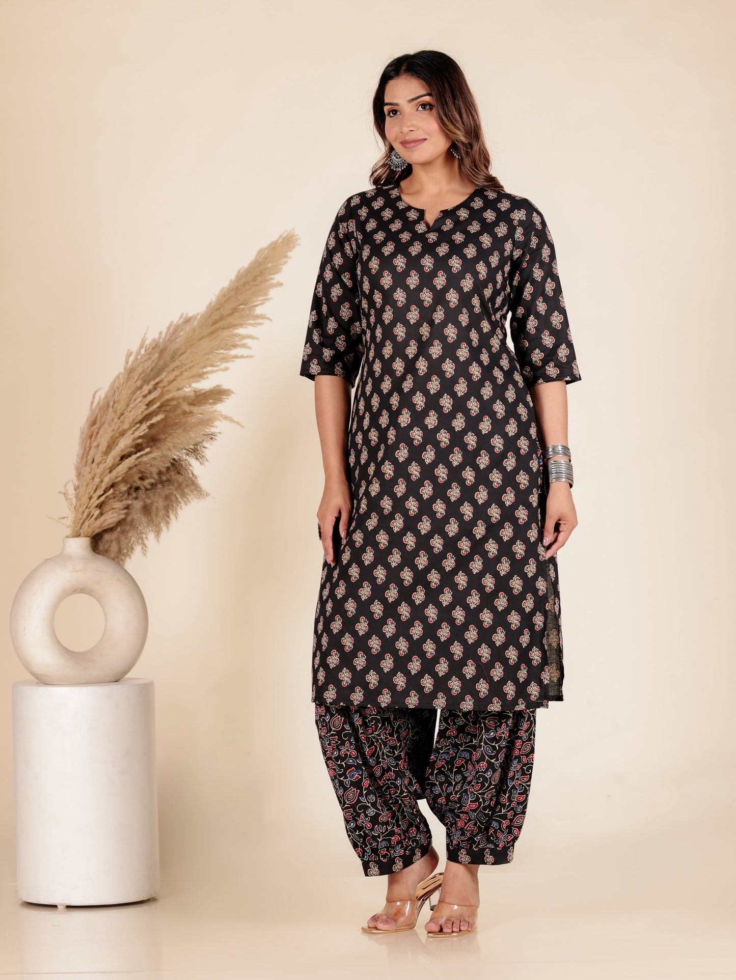 Soft Cotton Block Print Straight Black Kurta