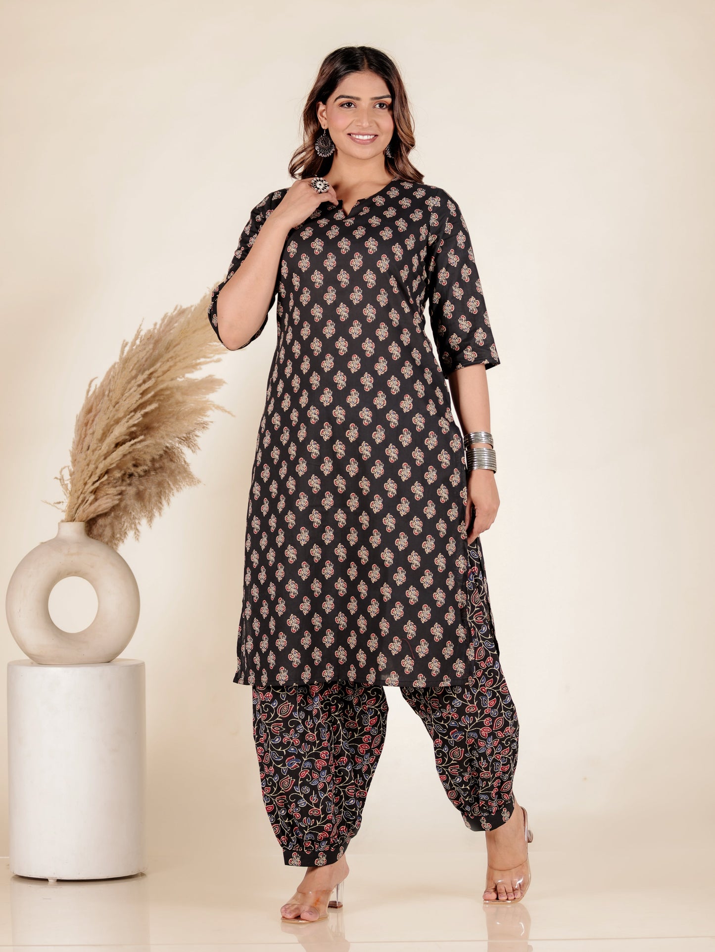 Soft Cotton Block Print Straight Black Kurta