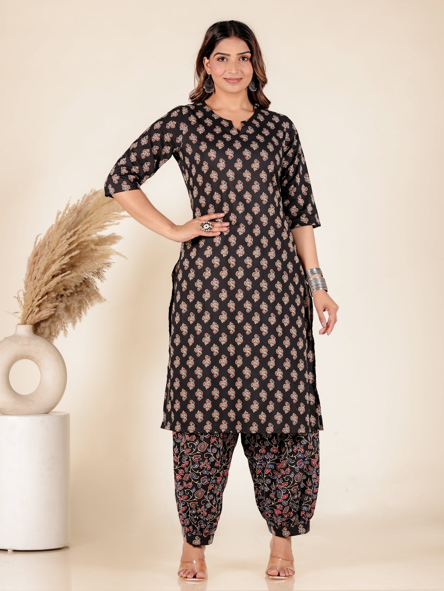 Soft Cotton Block Print Straight Black Kurta