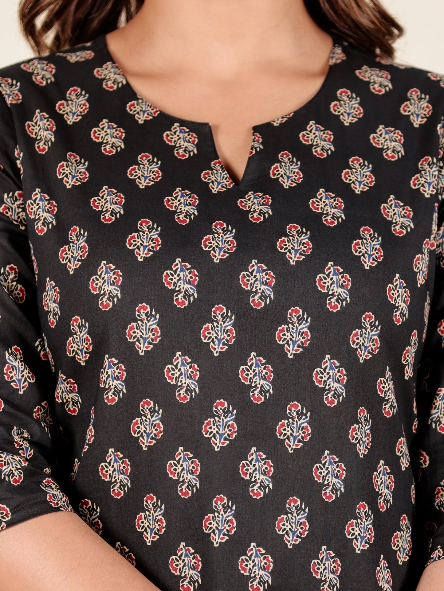Soft Cotton Block Print Straight Black Kurta
