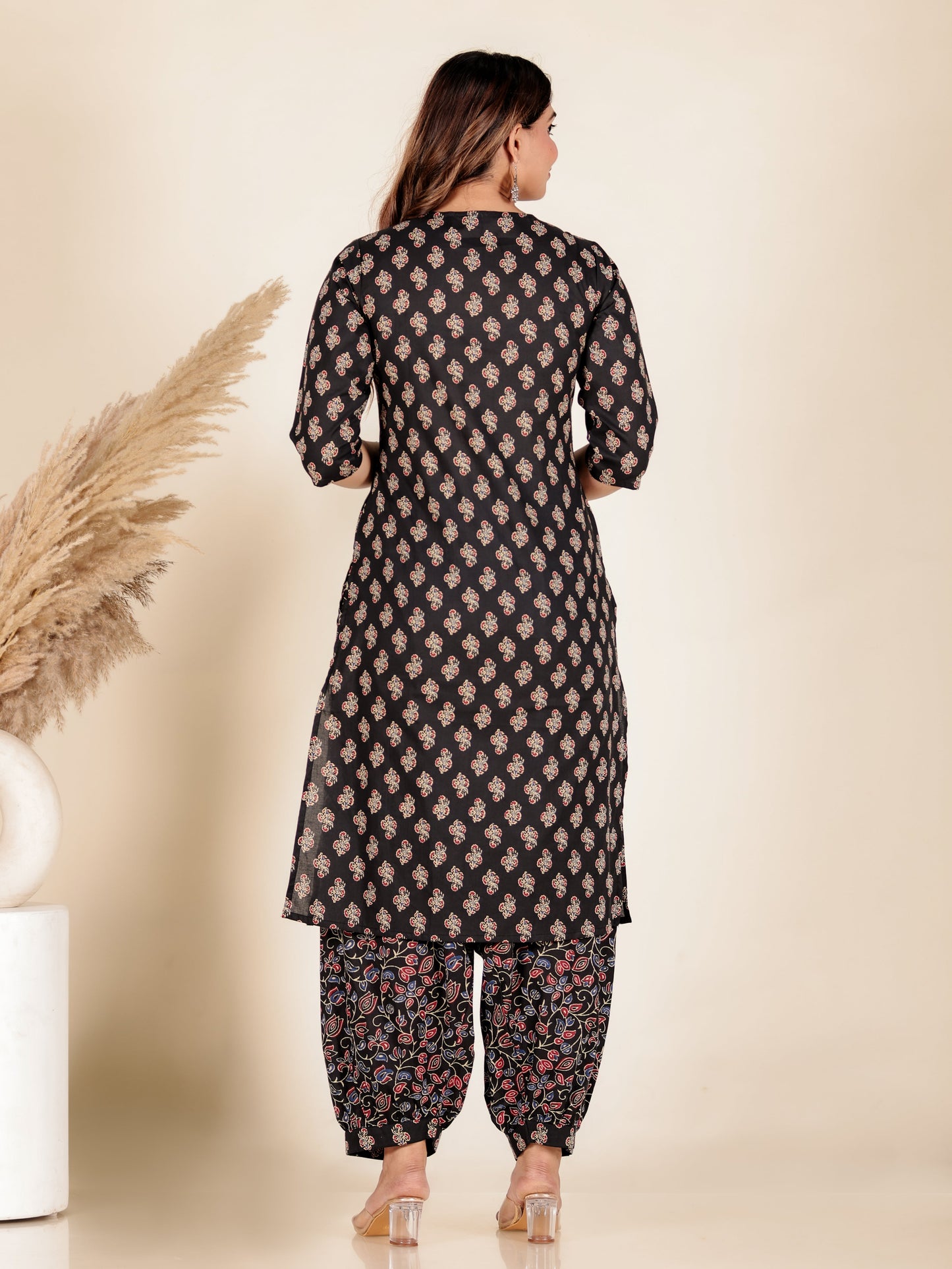 Soft Cotton Block Print Straight Black Kurta