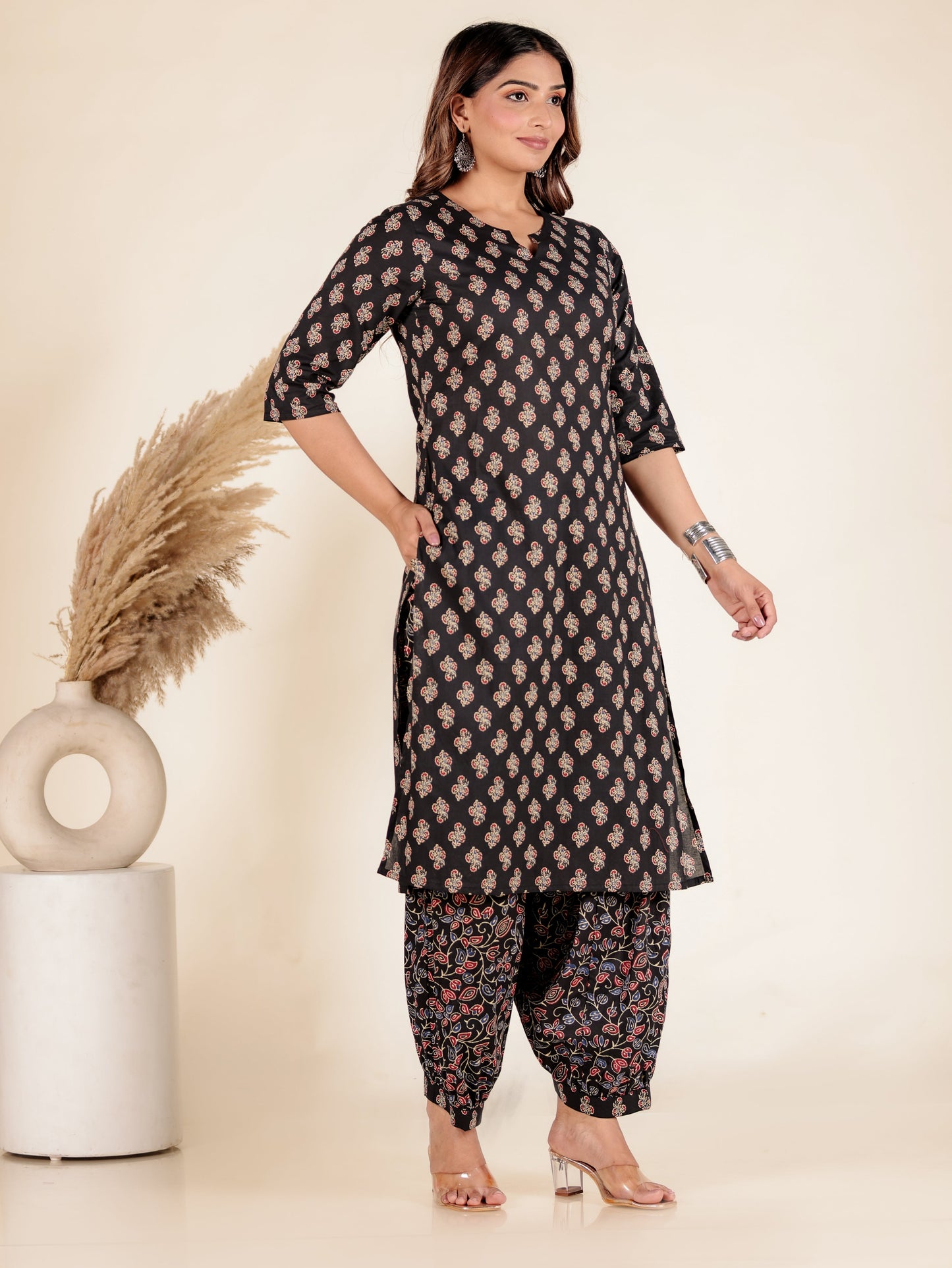 Soft Cotton Block Print Straight Black Kurta