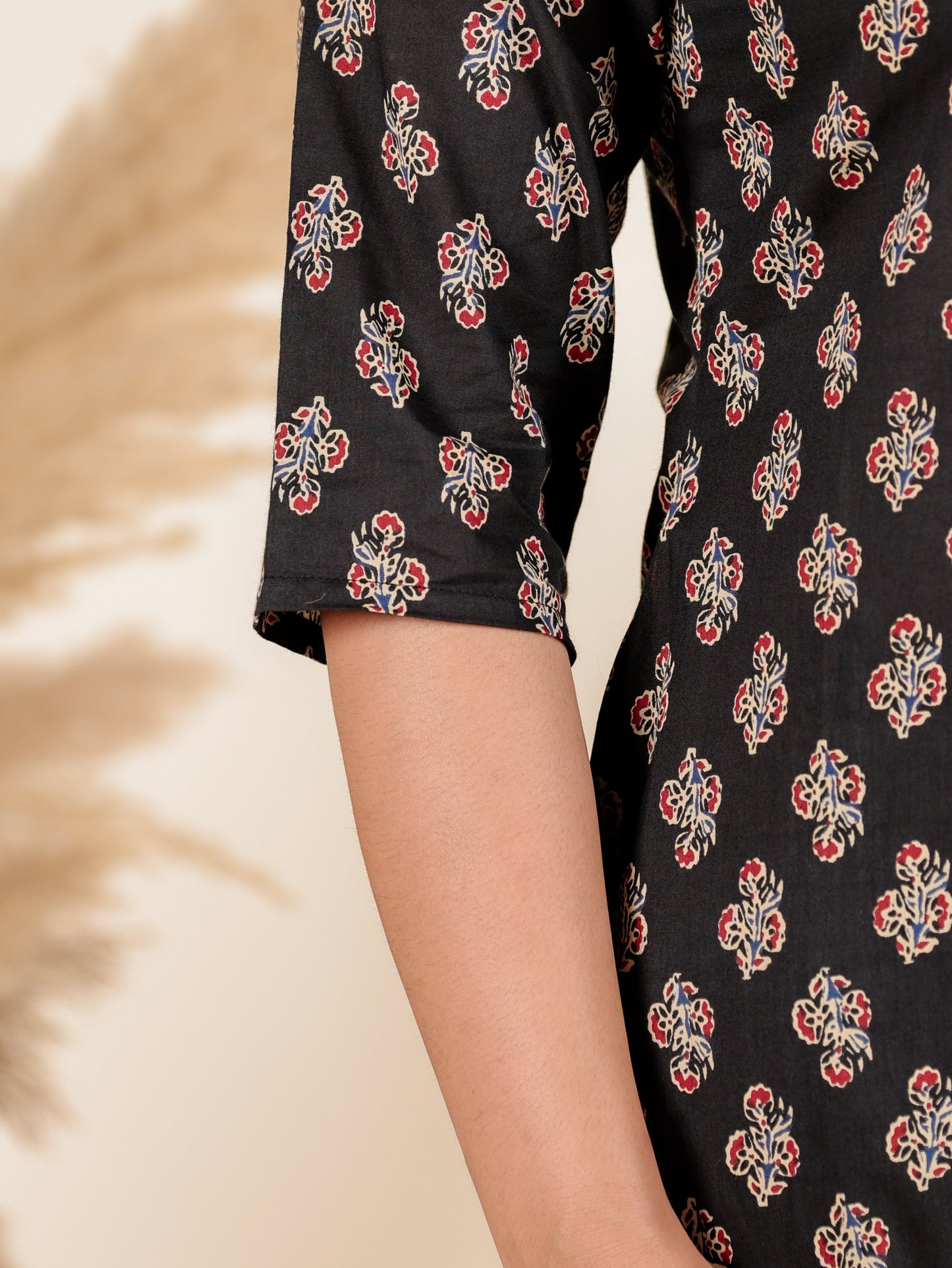 Soft Cotton Block Print Straight Black Kurta