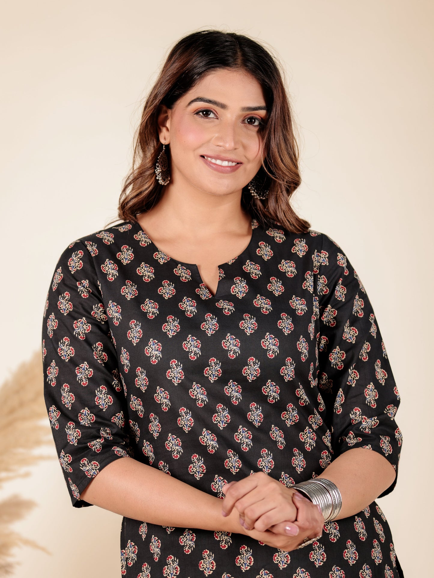 Soft Cotton Block Print Straight Black Kurta