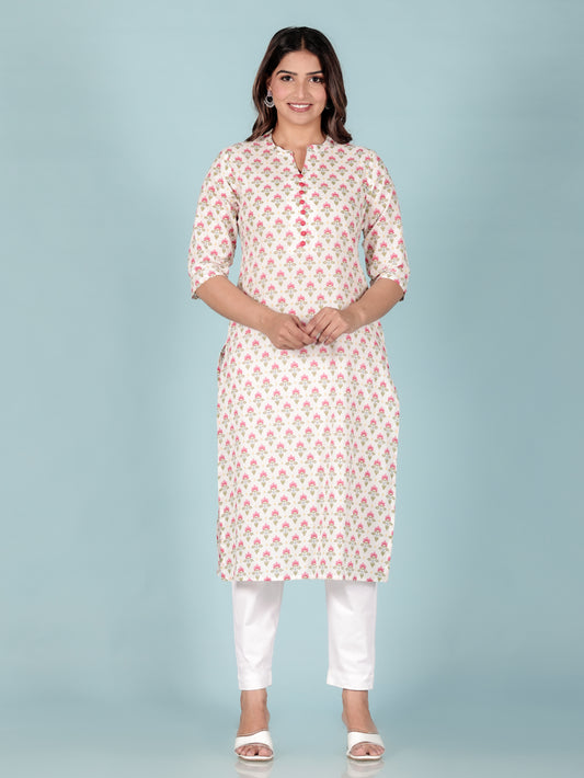 Soft Cotton Floral Straight Pink Kurta