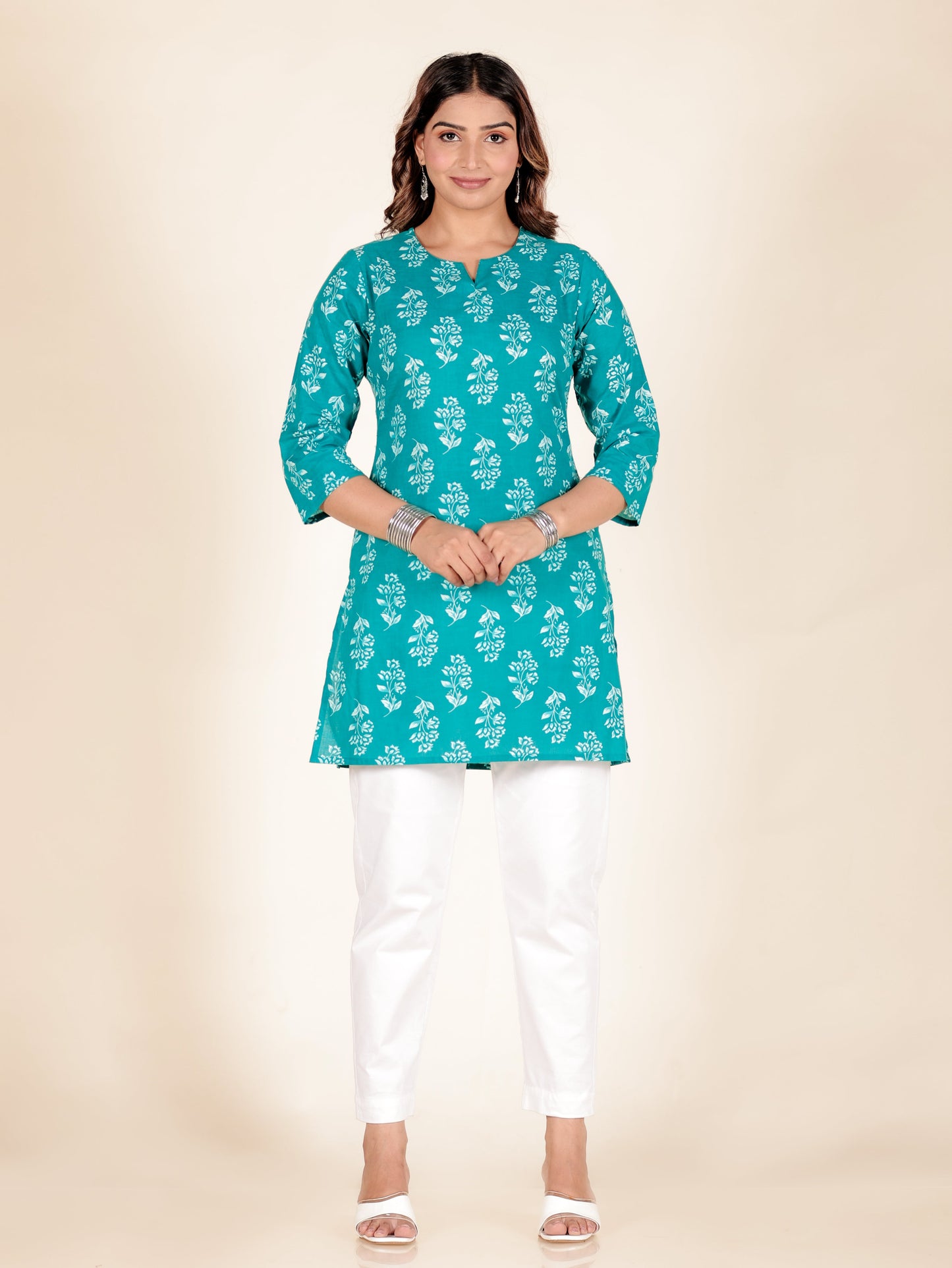 Soft Cotton Floral Straight Turquoise Kurti