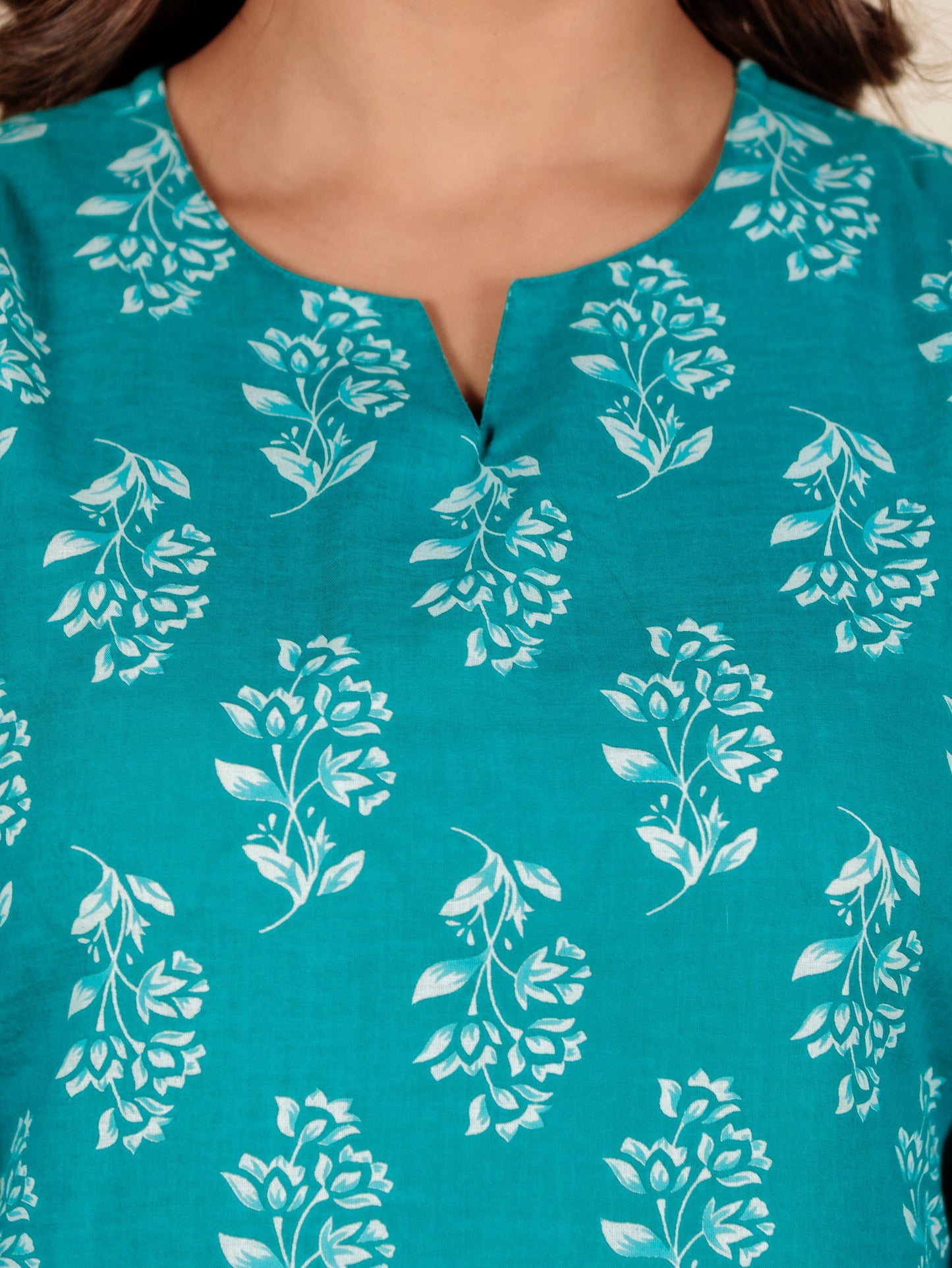 Soft Cotton Floral Straight Turquoise Kurti